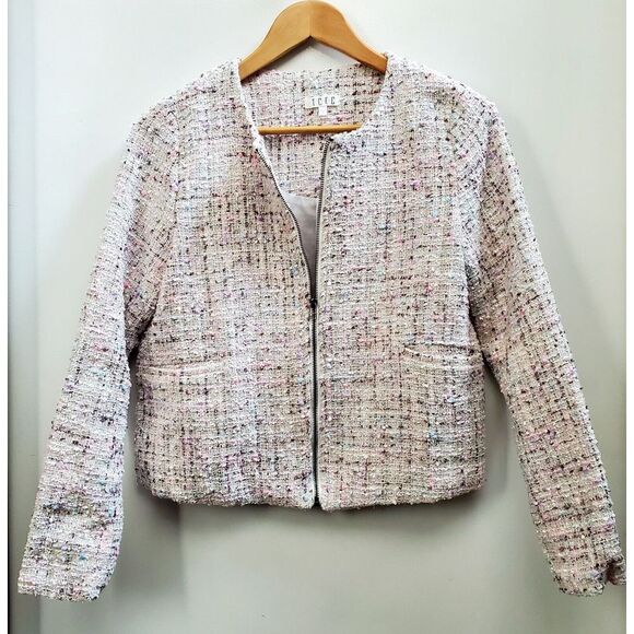 TCEC Tweed MED Jacket Fully Lined Pastel Cream/Pink/Lilac Metal Polyester Coat - Picture 3 of 7
